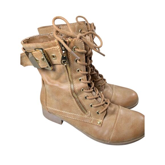 G By Guess Berlyn Women's Tan Combat Boot Sz 8 Lace and Zip Up Gorpcore Gold Zip - Picture 6 of 10